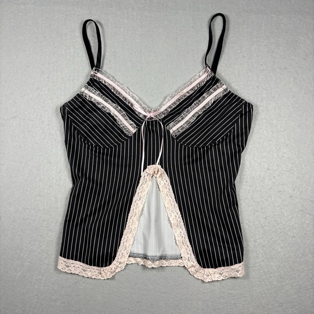 Women's Black and‎ Pink Pinstripe Lace Trim Cami Tank Top Size Medium Y2K Bow